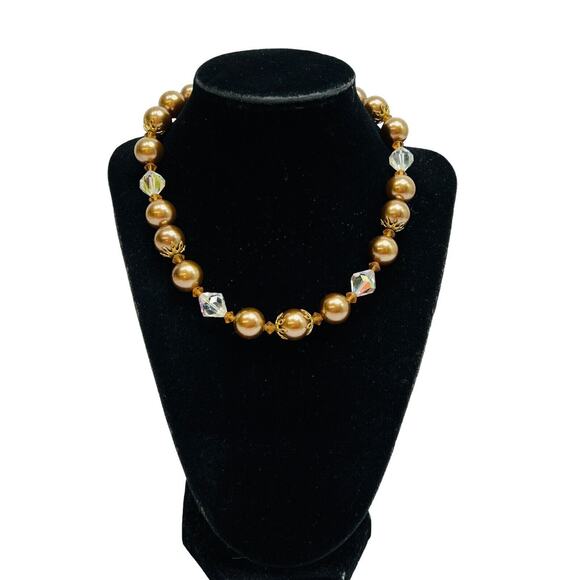 Vintage Lisner Necklace Choker Beaded Strand AB Crystal, Brown, Gold Tone 16 in - Picture 1 of 14